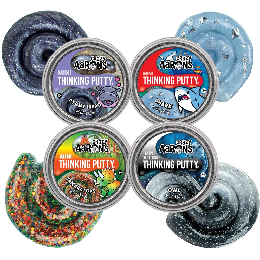 Crazy Aarons Mini Putty Tins Animal Collection Pygmy Hippo, Shark, Triceratops & Owl 4 Pack (.46 oz Each) Stretchy, Soft Sensory Fidget Toy Ages 3+