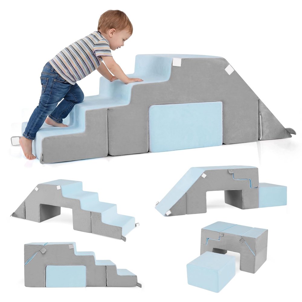 HONEY JOY Toddler Climbing Toys Indoor, 4-Piece Foam Climbing Blocks, Modular Crawling & Sliding Activity Play Structure, Baby Gym Equipment Playground, Soft Play Climbing for Toddlers (Gray)