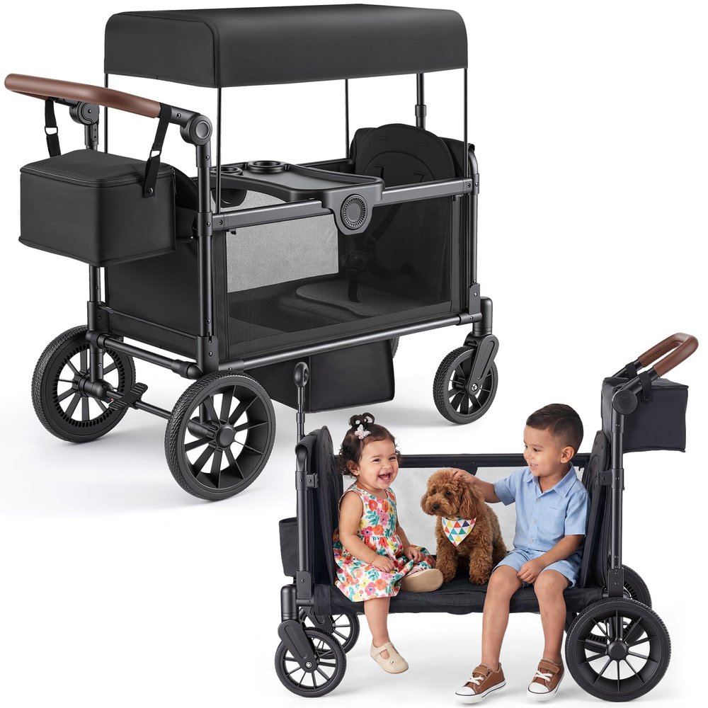 TOFUUMI Stroller Wagon for 2 Kids, Foldable 2-Seater with Canopy