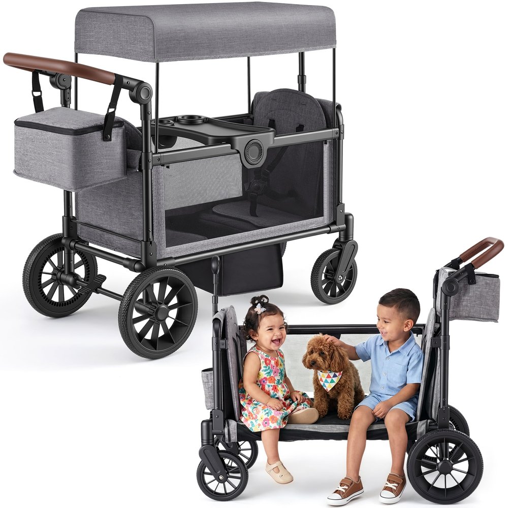 TOFUUMI Stroller Wagon for 2 Kids, Foldable 2-Seater with Canopy
