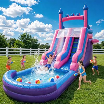 26FT Inflatable Water Slide with 1M Wide Slide, Climbing Wall & Basketball Set, 0.6mm PVC Backyard Water Park with Large Splash Pool for Kids and Adults