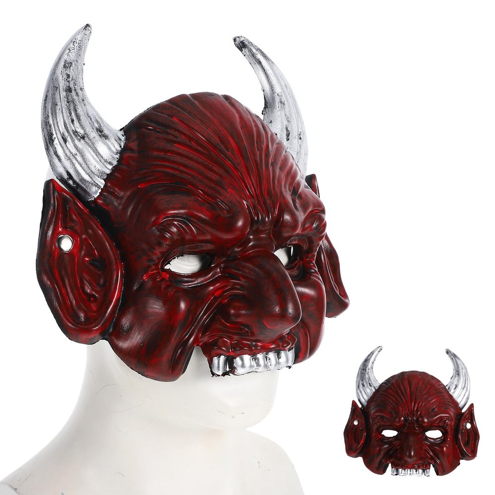 Hemoton Halloween Half Face Devil Mask with Red Latex Horns for Men and Teens, Scary Cosplay Costume Accessory for Halloween Party and Dress-up