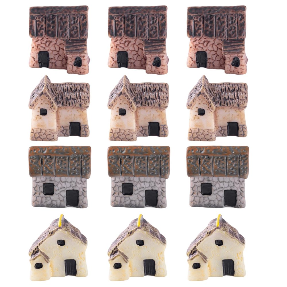 12Pcs Miniature House for Crafts, Fairy Gardens Stone Resin Mini House - for Yard Bonsai Micro Landscape DecorationMiniature