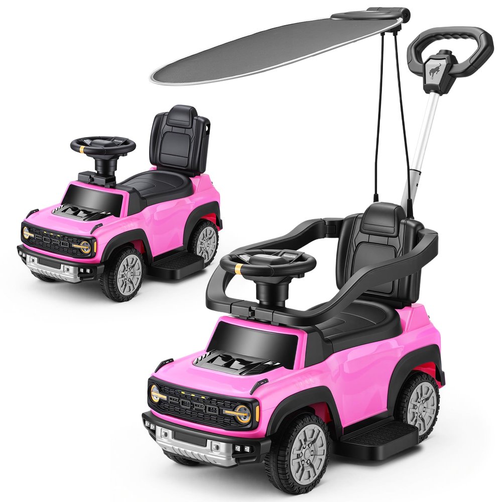 First Ride On Licensed Ford Bronco Raptor 3-in-1 Toddler Push Car, Toddler Ride on Toy, Baby Push Car for Toddler 1-3 Girl w/Canopy, Adjustable Handle, Rail, Horn and Music, Stroller Substitute (Pink)