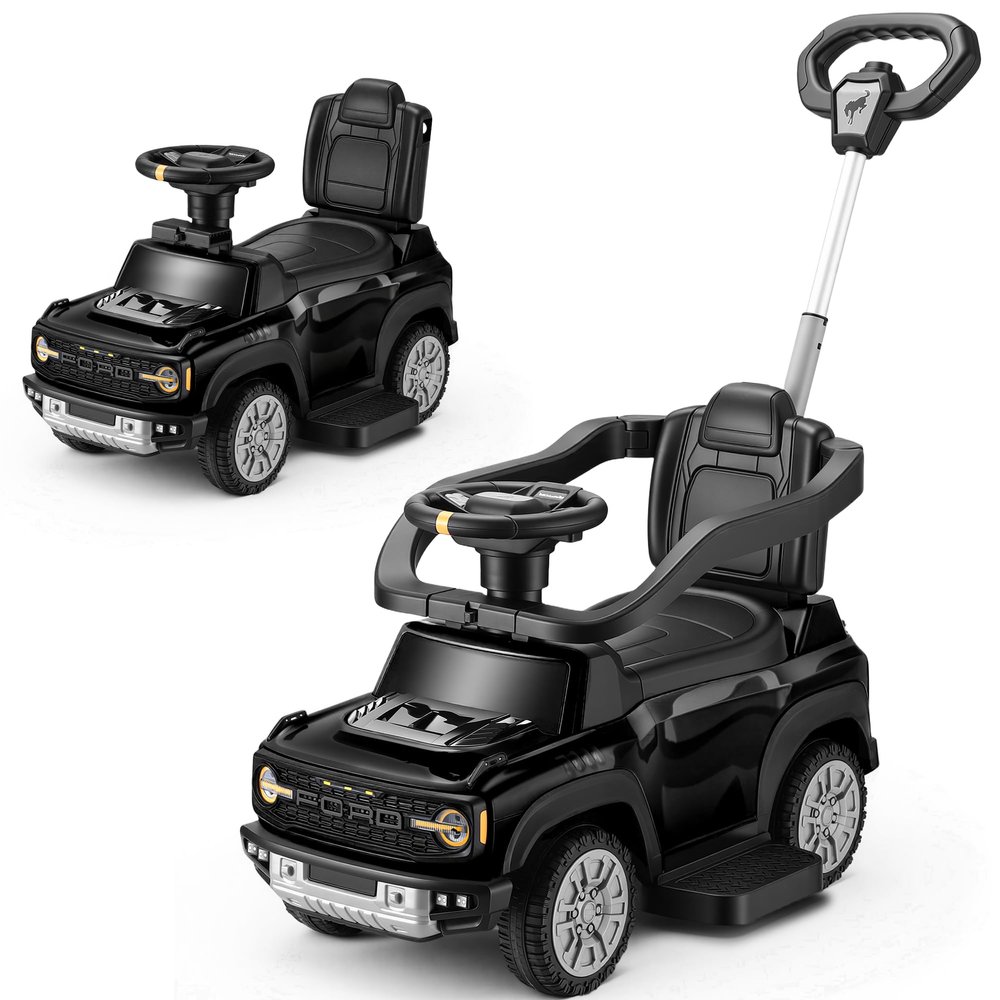 First Ride On 3-in-1 Toddler Push Car, Licensed Ford Bronco Raptor Kids Push Car for Toddlers 1-3 w/Handle, Safety Rails, Music and Horn, Toddler Ride on Toy for Boys, Stroller Substitute (Black)