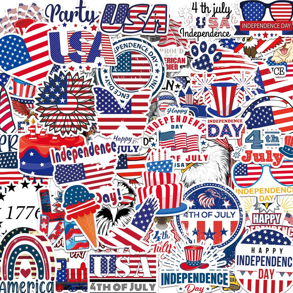 DETICKERS 4th of July Stickers 50 PCS Waterproof Independence Day Vinyl Stickers Patriotic Independence Day Gifts for Adults