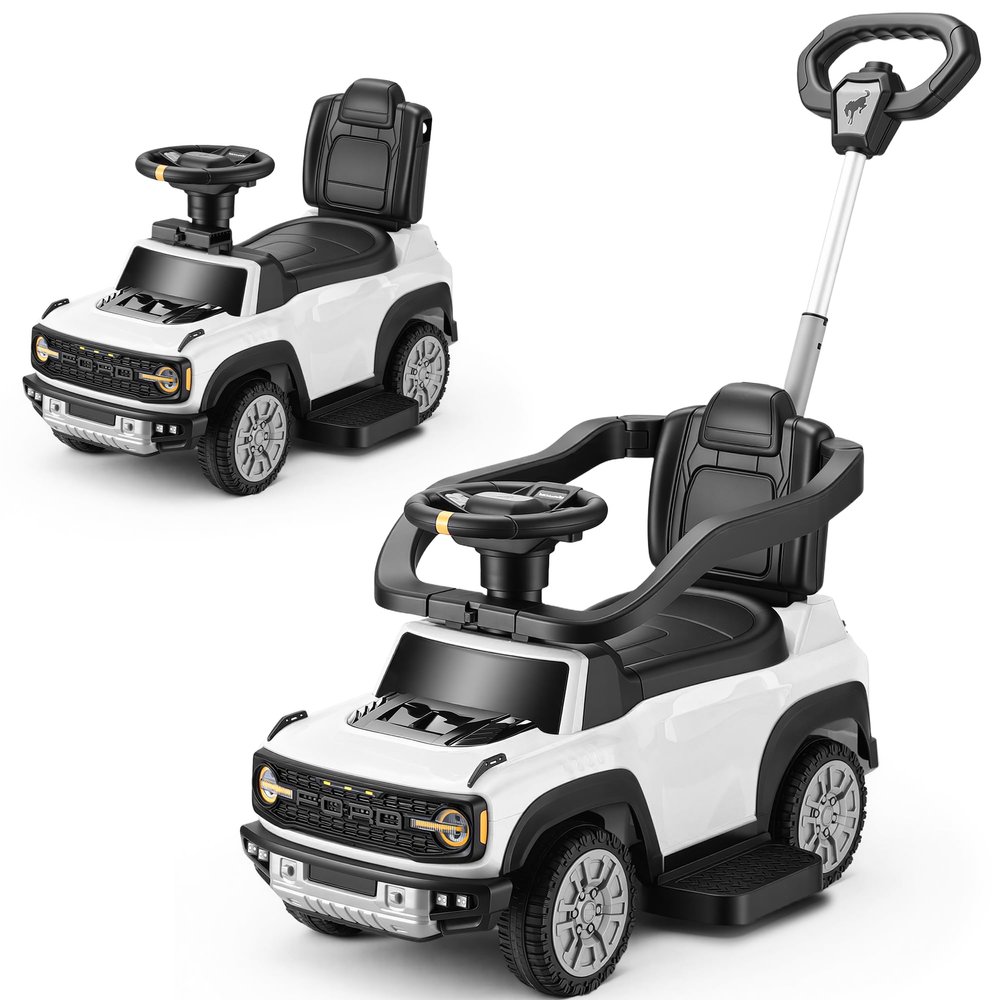 First Ride On Licensed Ford Bronco Raptor Baby Push Car for Toddlers 1-3, 3-in-1 Toddler Push Car w/Adjustable Handle, Safety Rails, Music and Horn, Outdoor Stroller, Toddler Ride on Toy (White)