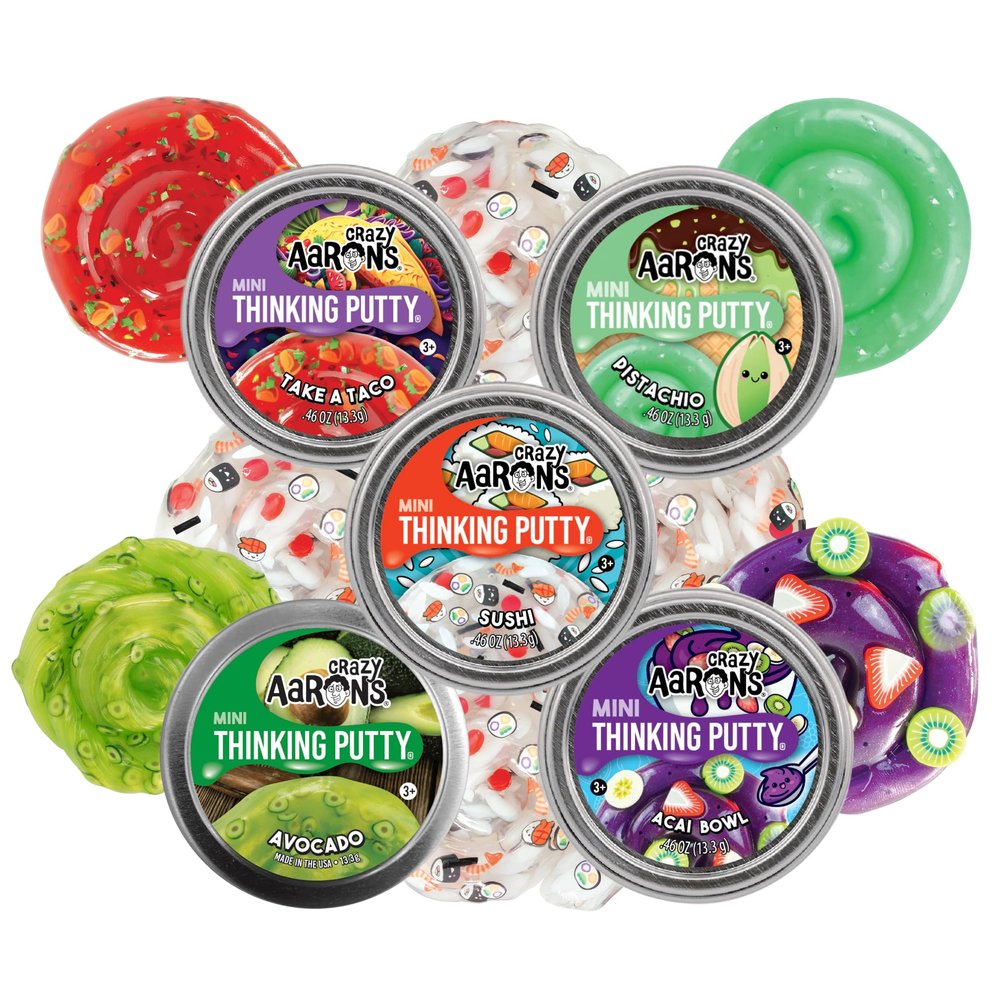 Crazy Aarons Mini Putty Tins Food Collection Take a Taco, Sushi, Avocado, Pistachio & Acai Bowl 5 Pack (.46 oz Each) Stretchy Sensory Fidget Toy Set Ages 3+