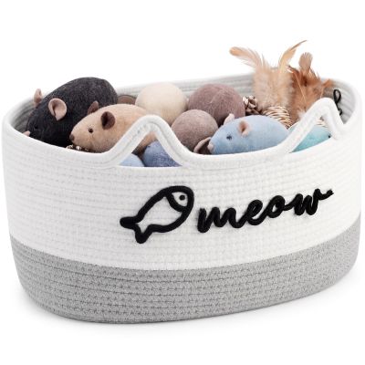 Yiyiring Cat Toy Basket with Cat Ear Handles, 19.5 x 11 x 9 in Woven Cats Toy Bin, Large Two-tone Cotton Rope Storage Box, Meow Words Organizer for Toys, Blankets, Home Decor (White, Gray)