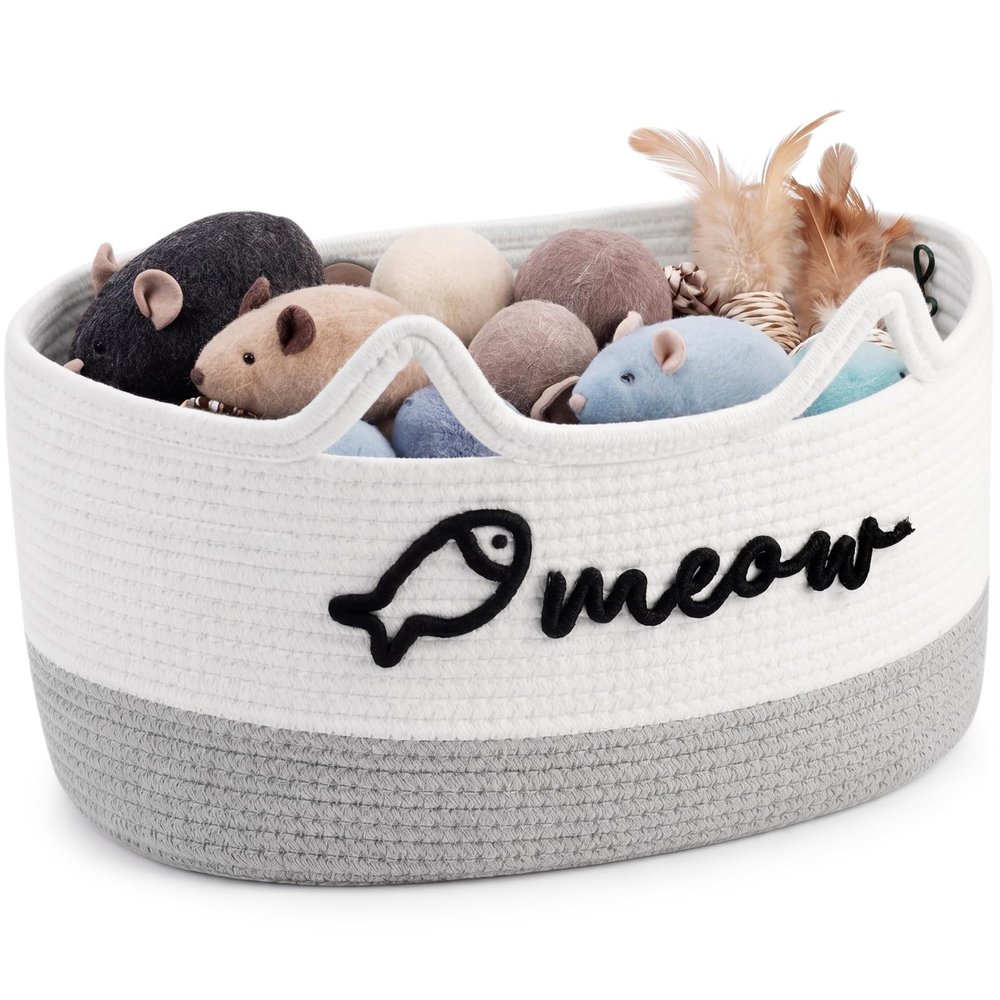 Yiyiring Cat Toy Basket with Cat Ear Handles, 19.5 x 11 x 9 in Woven Cats Toy Bin, Large Two-tone Cotton Rope Storage Box, Meow Words Organizer for Toys, Blankets, Home Decor (White, Gray)