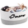 Yiyiring Cat Toy Basket with Cat Ear Handles, 19.5 x 11 x 9 in Woven Cats Toy Bin, Large Two-tone Cotton Rope Storage Box, Meow Words Organizer for Toys, Blankets, Home Decor (White, Gray) view 1
