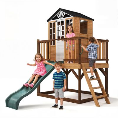 Fansafurn 9-in-1 Outdoor Playhouse with Slide & Sandbox - Natural Fir Playset for Kids Ages 3-10, Includes Play Kitchen, Growth Chart & Safety Rails