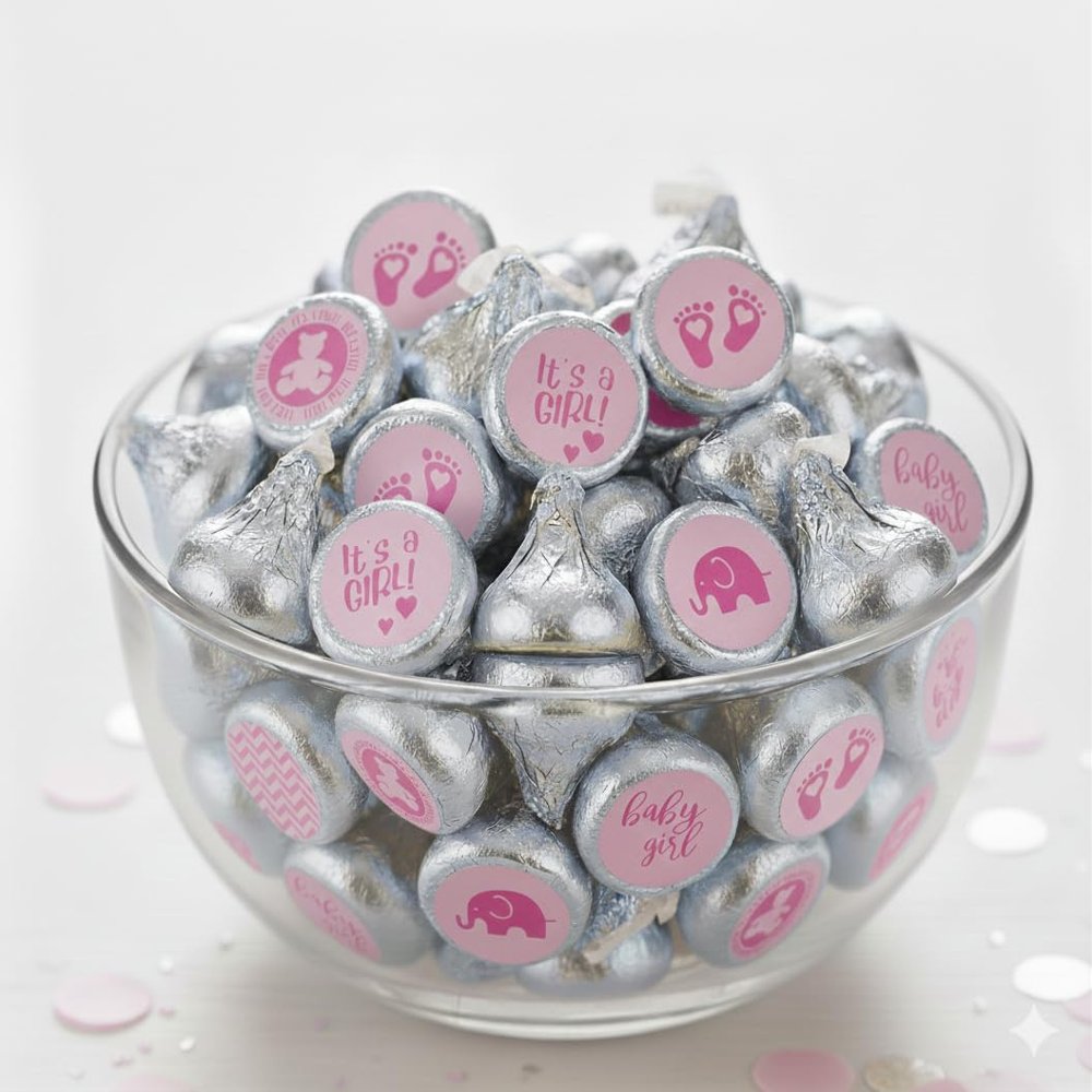 108-Pack Gender-Themed Baby Shower Chocolate Kiss Stickers 0.75 Small Round Candy Labels Baby Girl Party Favor Decorations for Candy Buffet and Invitation Seals (Pink/Pink)