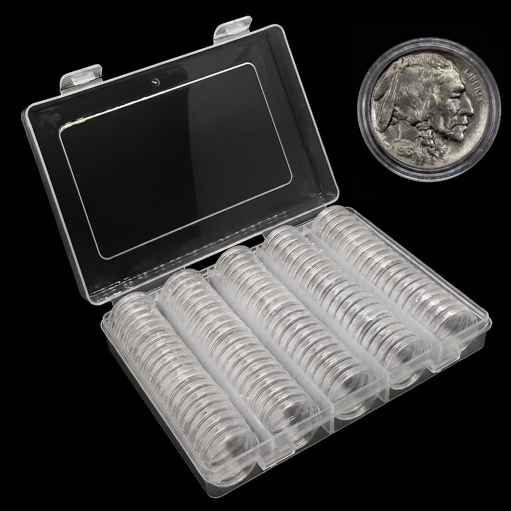100 Coin Capsule Holders Direct Fit US Nickel 21 mm with Storage Case (21mm)