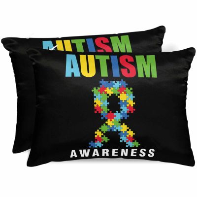 Promumeleft Cartoon Autism Pillow Cases Standard Size Set of 2, Lumbar Pillow Covers, Abstract Awareness Colorful Blocks Modern Satin Pillowcases with Zipper for Hair/Skin, 20x26 Inches
