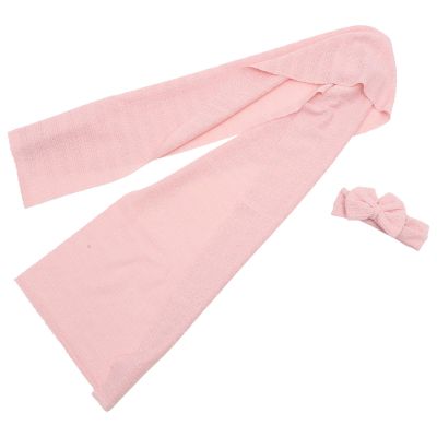 LOLIPPYY Newborn 2pcs Set, Soft Stretchy Swaddle with Bow Headband, Pure Color Cotton Receiving Blanket for Nursery and Sleep