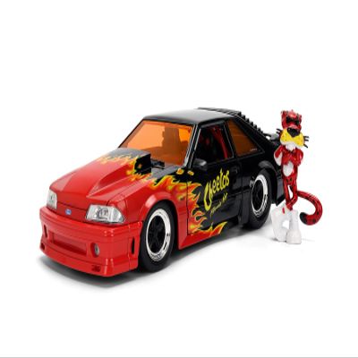 Jada Flamin Hot Cheetos w/Chester Cheetah & 1989 Ford Mustang 1:24 Hollywood Rides Toys Die-Cast Car & Figure Opening Hood & Doors Collectible Ages 8+ Multi-Color