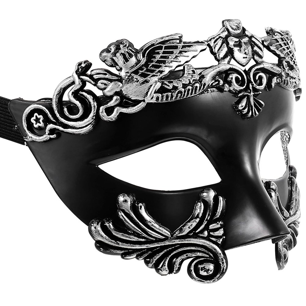 ARTIBETTER Halloween Roman Warrior Half-face Mask Black Silver, Egypt Style Cosplay Photo Prop for Men, Unique Halloween Party Costume Accessory