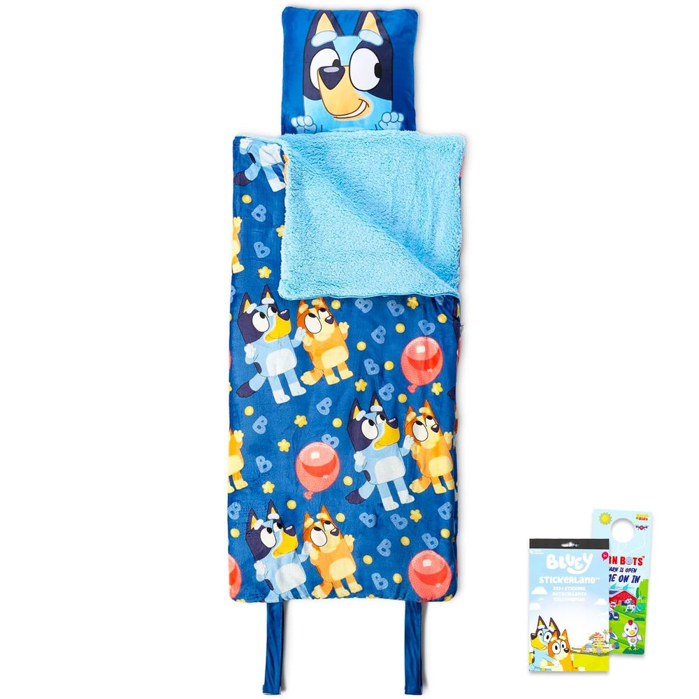 Bluey Slumber Bag Set for Boys - Bundle with 27x56 Inches Sleeping Bag with Attached Pillow Plus Stickers, More | Bluey and Bingo Warm Slumber Bag