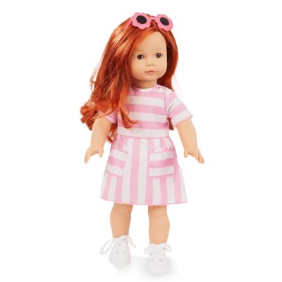 Gotz: Precious Day: Julia Summer - 18" Standing Poseable Doll, Pink-White Striped Dress, Woven Purse & Sunglasses, Red Hair, Collectible Toy, Kids 3+