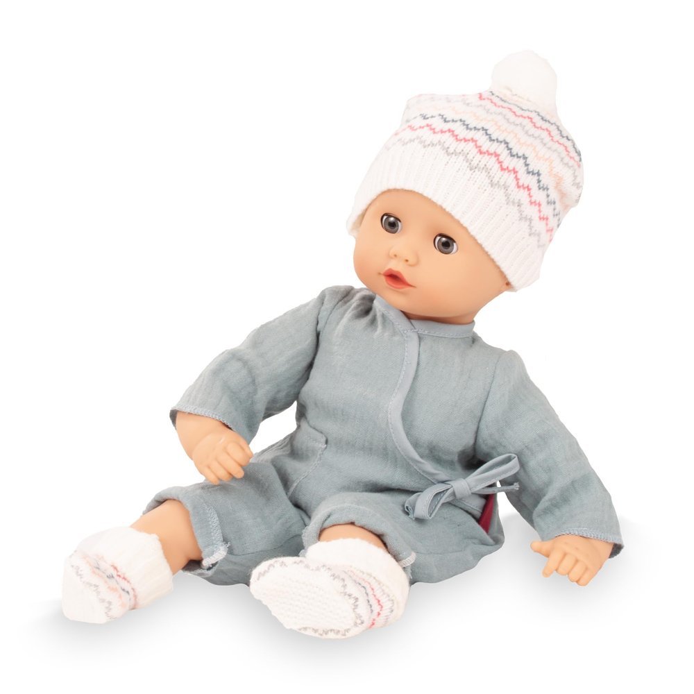 Gotz: Muffin Baby: Zig Zag - 13" Baby Doll, Blue Wrap Romper, Chevron Knit Pom Hat & Socks, Pacifier, Sleepy Eyes, Soft Body, Toy, Kids-Toddlers 18mo+