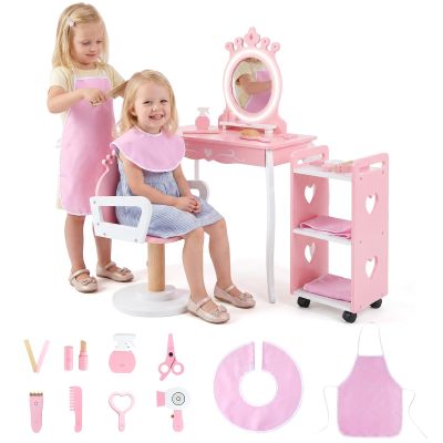 Costzon Kids Hair Salon Play Set with LED Lighted Mirror, Wooden Pretend Hair Salon Station w/Swivel Barber Chair & Rolling Cart, 10 Accessories Included, Makeup Vanity Set for 3-7 Years Old Children