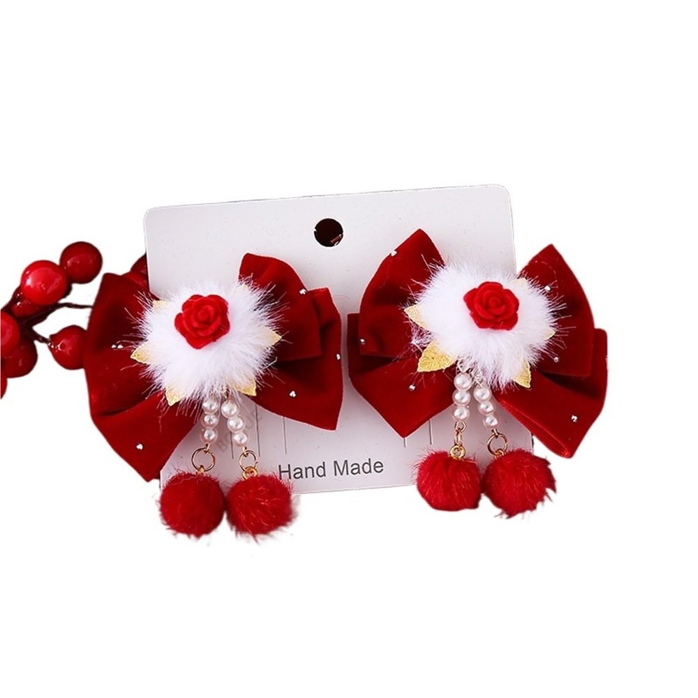 1Pair Kids New Year Headwear Chinese Style Hafu Plush Bow Kids Hair Clips Red Tassel Princess Girl Sided Clips Accessory New Year Gift Lunar New Year Decorations(03)
