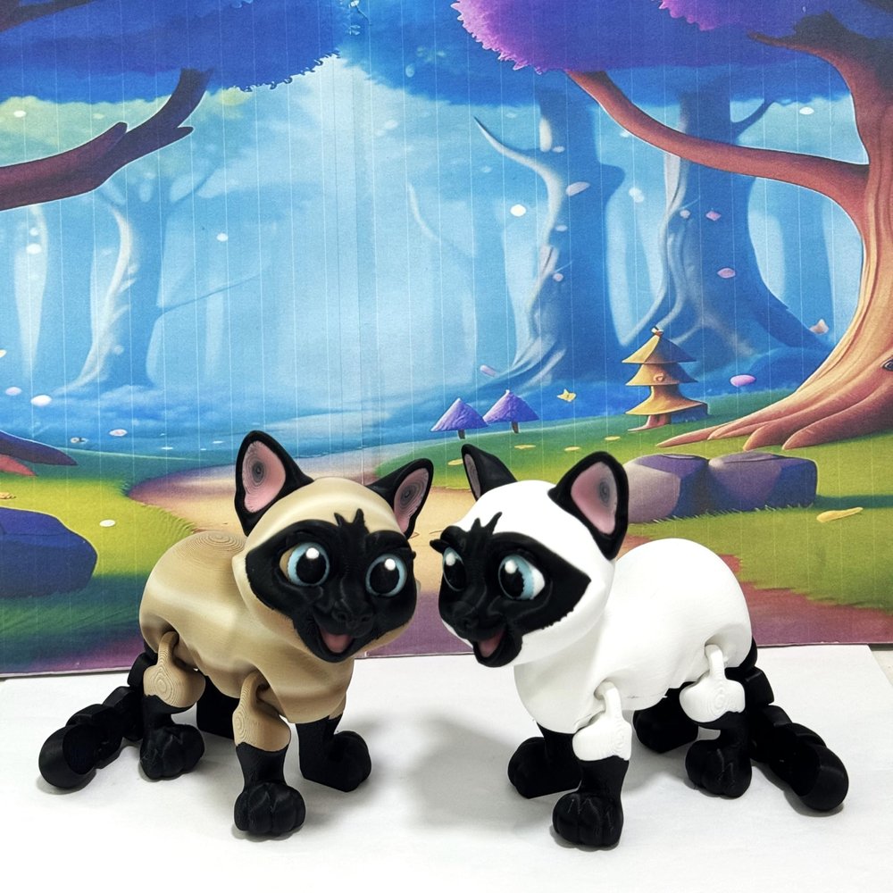 2pcs Articulated 3D Printed Siamese Cat, 6" White Cat with Blue Eyes, Articulated Fidget Toy, Desk Dcor, Display, 3D Printed in USA - ASC001-White/Brown