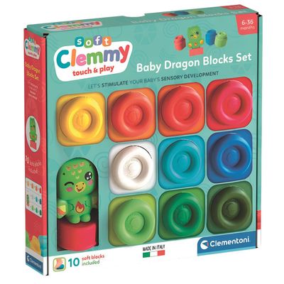 Clementoni Soft Clemmy 17604 Baby Dragon Blocks Set, 10 Soft Bricks for Children 6+ Months, Fantasy Character, Washable and Non-Toxic, Sensory and Manual Development, Made in Italy,