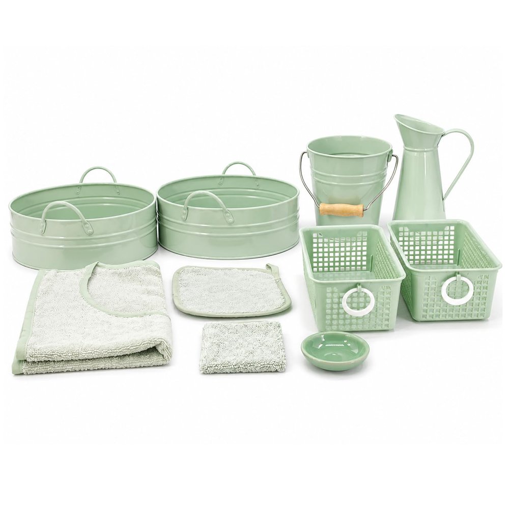 M.Vita Montessori Washing Cloths Activity Set Complete Practical Life Laundry Work with 2 Metal Basins, Pitcher, Pail, Apron & Tools Real Materials for Ages 3+