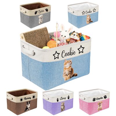 Roseshore Personalized Dog Toy Storage Basket with Photo Name Custom Dog Food Organizer Fabric Bins for Clothes Blankets Dolls-Blue