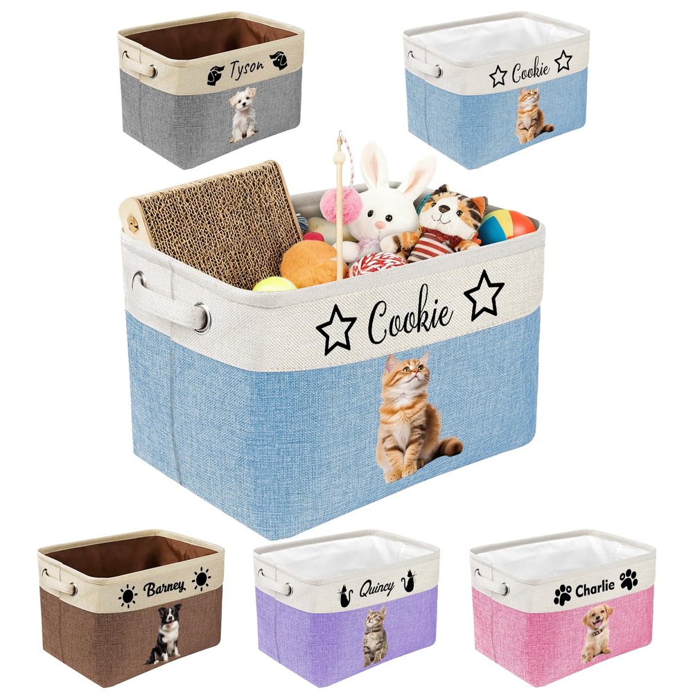 Roseshore Personalized Dog Toy Storage Basket with Photo Name Custom Dog Food Organizer Fabric Bins for Clothes Blankets Dolls-Blue