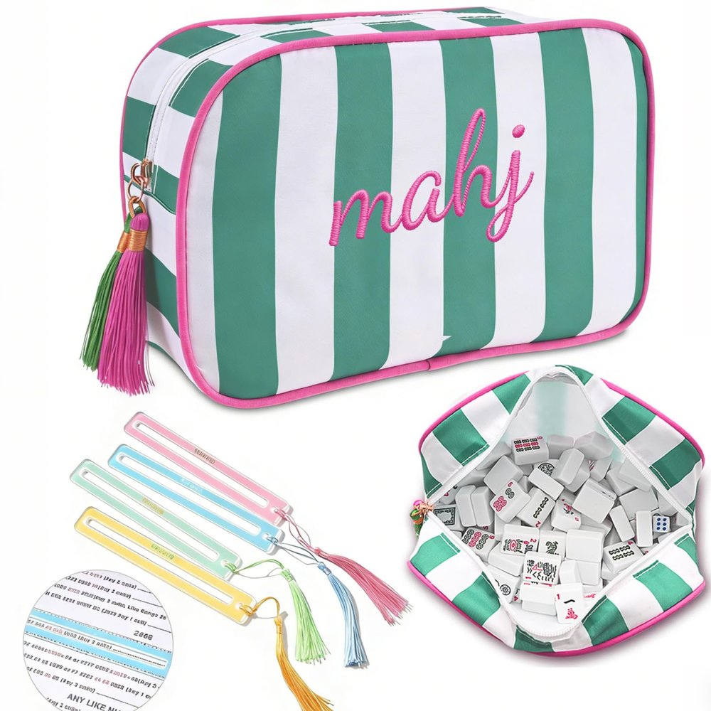 BUZCOZY Empty Mahjong Tiles Bag with 4 Pcs Acrylic Mahjong Line Finder Cards,Mahjong Tile Bags with Zipper for Game Party Travel Gatherings Accessories 9.4 x 6.1 x 3.1 inGreen-Mahj