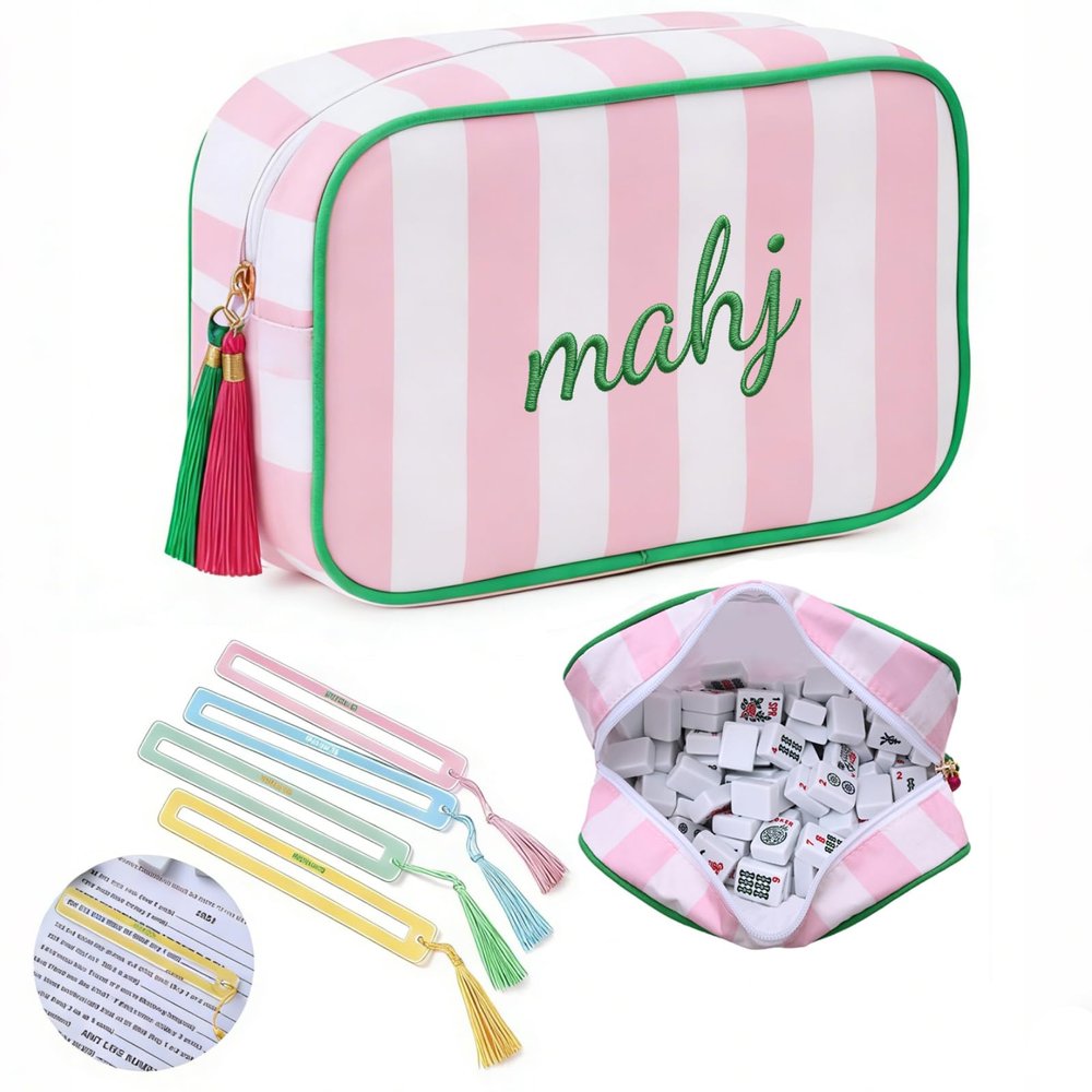 BUZCOZY Empty Mahjong Tiles Bag with 4 Pcs Acrylic Mahjong Line Finder Cards,Mahjong Tile Bags with Zipper for Game Party Travel Gatherings Accessories 9.4 x 6.1 x 3.1 inPink-Mahj