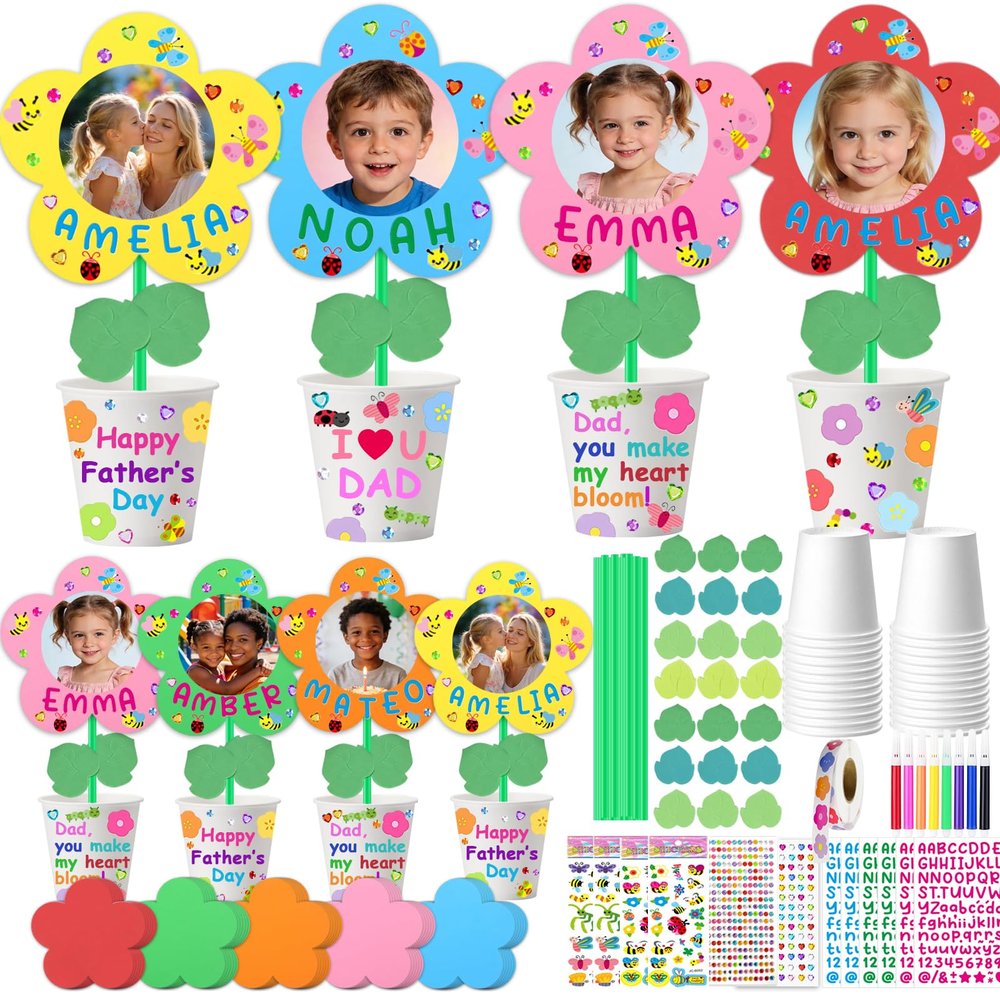24 Packs Father's Day Craft Kit, Make Your Own Flowers Pot Craft Kit, Flower Picture Frames for Spring Crafts and Father's Day, Fun Spring Activities for Father's Day Gift