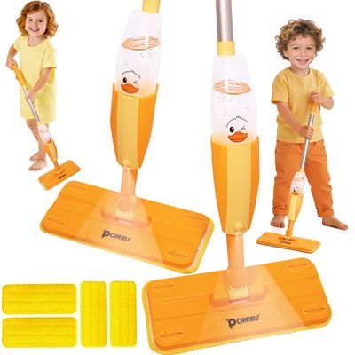 POMIKU 2PACK Kids Mops-Real Spray, No Batteries| Compatible with Disaposable Duster| Montessori Toys for Toddlers Age 2-5 Year Old, Kitchen Cleaning Set Gifts for Boys Girls (4 Microfiber Pads)