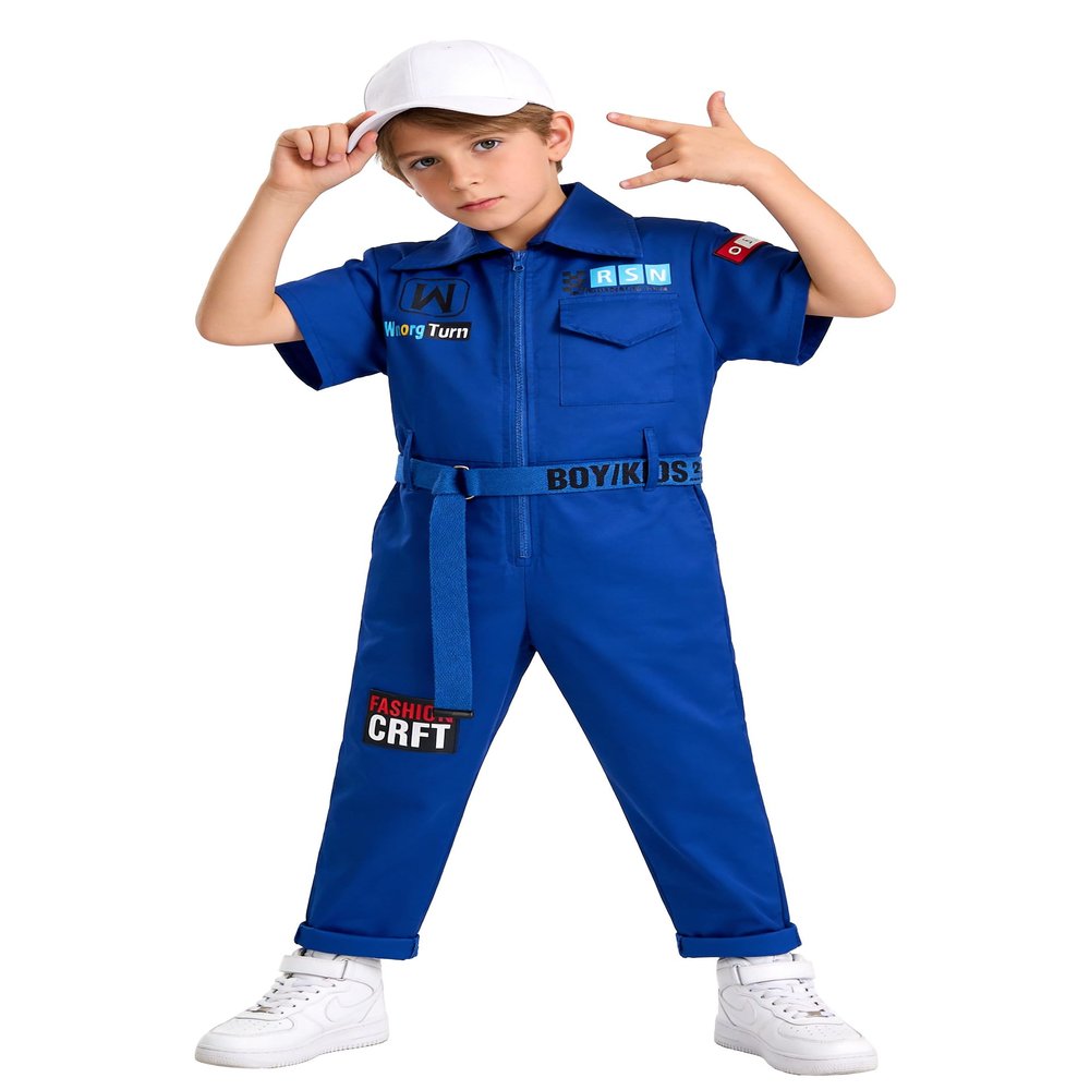 LOLANTA Boys Girls Jumpsuit Short Sleeve Coveralls Streetwear Hip Hop Dance Kpop Clothes Neon Outfit (Dark Blue, 12-14)