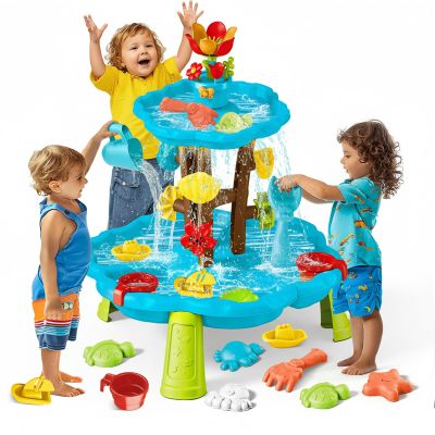 Linkowin Sand and Water Table for Toddlers 3-8, 2-Tier Kids Water Play Table with Watering Flower & Beach Toys, Outdoor Sensory Table for Backyard, Summer Beach Activity Table for Boys Girls Age 3+
