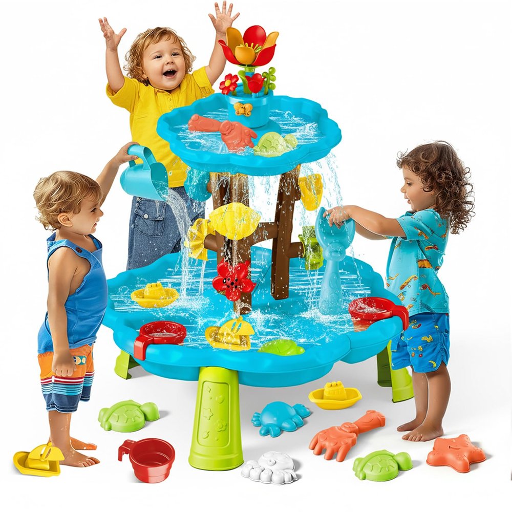 Linkowin Sand and Water Table for Toddlers 3-8, 2-Tier Kids Water Play Table with Watering Flower & Beach Toys, Outdoor Sensory Table for Backyard, Summer Beach Activity Table for Boys Girls Age 3+