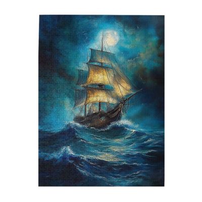 RMYRHQ Moonlit Galleon On Turquoise Ocean Waves Wood Jigsaw Puzzles Adult 500pieces Ethereal Maritime Artwork Calming Puzzle Activity for Ocean Lovers Great Gifts for Birthdays and Housewarmings
