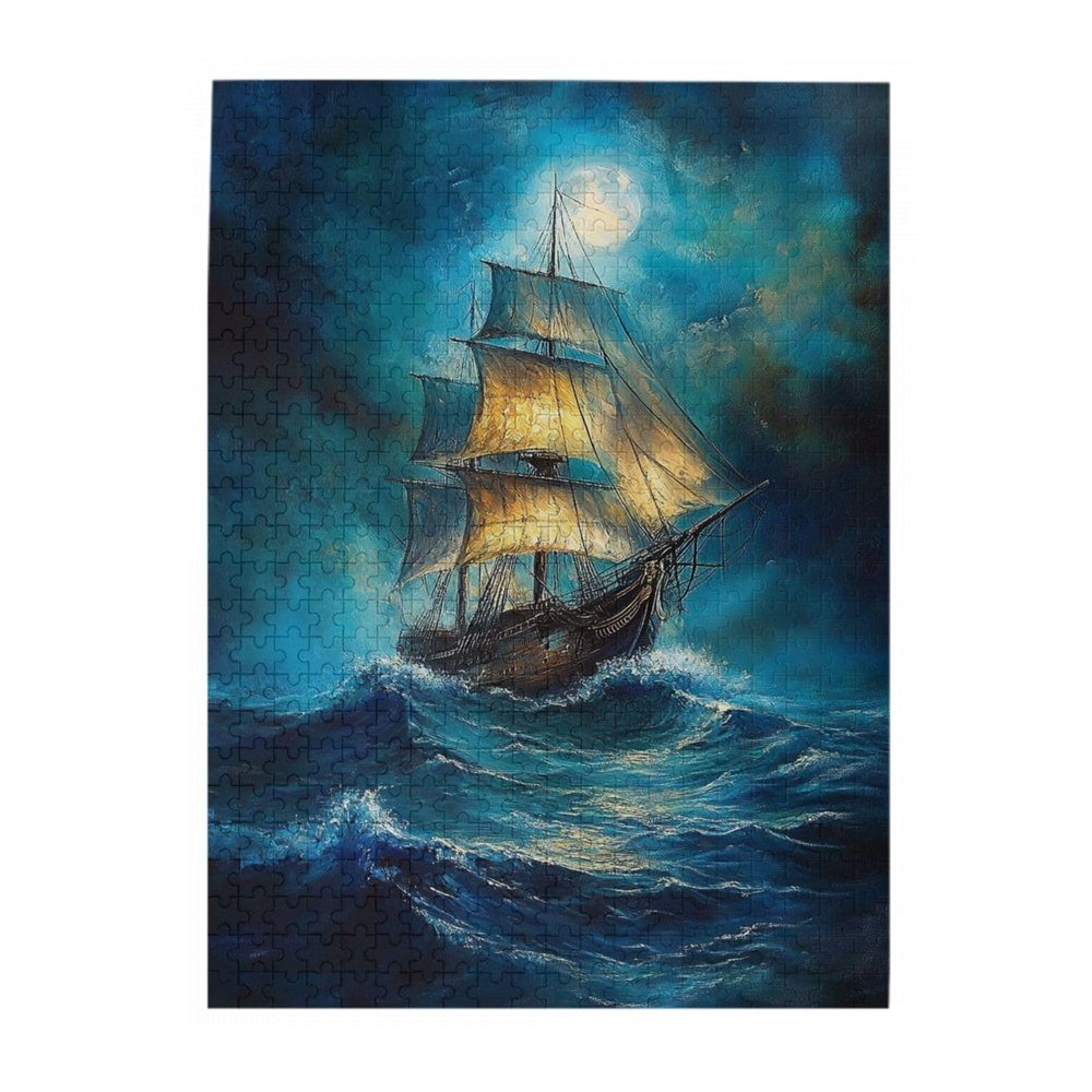 RMYRHQ Moonlit Galleon On Turquoise Ocean Waves Wood Jigsaw Puzzles Adult 500pieces Ethereal Maritime Artwork Calming Puzzle Activity for Ocean Lovers Great Gifts for Birthdays and Housewarmings