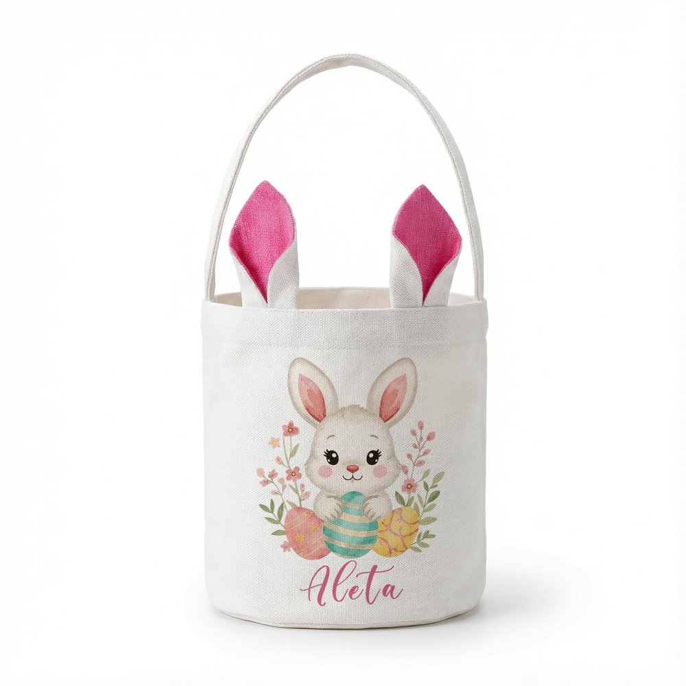 Personalized Easter Basket for Kids - Easter Bunny Basket with Fixed Ears & Handle, Durable for Egg Hunting Gifts, Boys and Girls (Pink Style 9)