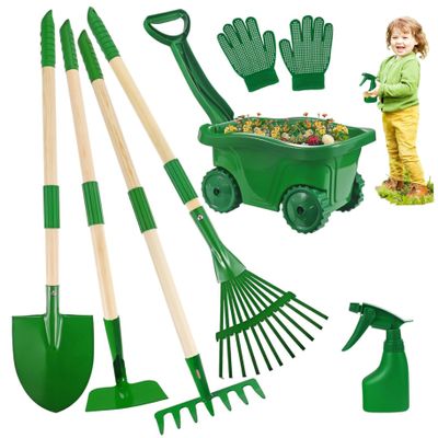 Faticenic Kids Gardening Set 7-piece Toddler Gardening Set with Wheelbarrow, Shovel, Rake and Leaf Rake, Educational Kids Garden Tools for Outdoor Backyard Play, Dcoration de Jardin
