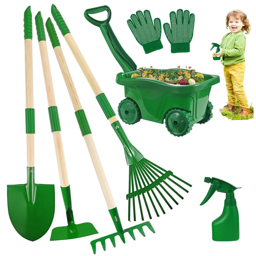 Faticenic Kids Gardening Set 7-piece Toddler Gardening Set with Wheelbarrow, Shovel, Rake and Leaf Rake, Educational Kids Garden Tools for Outdoor Backyard Play, Dcoration de Jardin