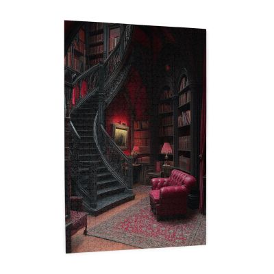 RMYRHQ Opulent Gothic Reading Room Wooden Jigsaw Puzzles Adult 1000pieces Exquisite Red&Black Library with Stained Glass&Leather Armchair Detailed for Collectors Valentines Day and Birthday Gifts