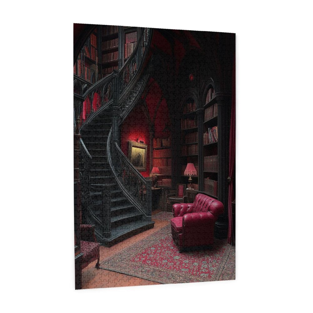 RMYRHQ Opulent Gothic Reading Room Wooden Jigsaw Puzzles Adult 1000pieces Exquisite Red&Black Library with Stained Glass&Leather Armchair Detailed for Collectors Valentines Day and Birthday Gifts