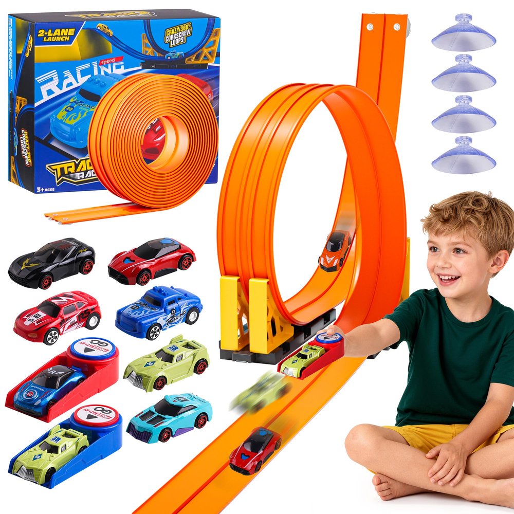 16-Ft Flexible Race Track Set for Kids, DIY Roll-Up Racetrack with 2 Launchers & 6 Mini Cars, Suction-Cup Portable Track Compatible with 1:64 Die-Cast Cars, Indoor & Outdoor Orange