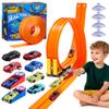 16-Ft Flexible Race Track Set for Kids, DIY Roll-Up Racetrack with 2 Launchers & 6 Mini Cars, Suction-Cup Portable Track Compatible with 1:64 Die-Cast Cars, Indoor & Outdoor Orange view 1