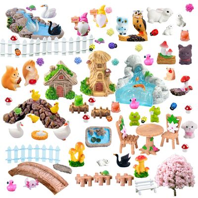 U-Zimikee 100 Pcs Mini Fairy Garden Accessories - Miniature Landscape Decorations with Bridge Pond House Gnome Figurines Mini Resin Animals Miniature Garden Figures Bulk for Dollhouse Garden Craft