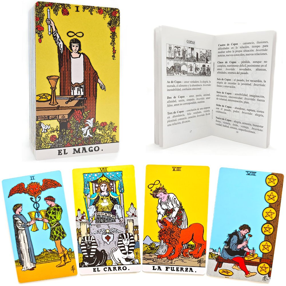Cartas del Tarot con Libro Gua en Espaol para Principiantes, Baraja de Tarot sin Bordes, Classic 78-Card Tarot Deck with Guide Book in Spanish, Borderless Tarot Deck
